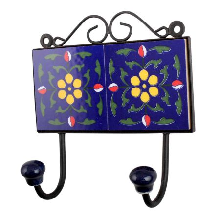 Navy Blue Yellow Floral Tiles Hooks